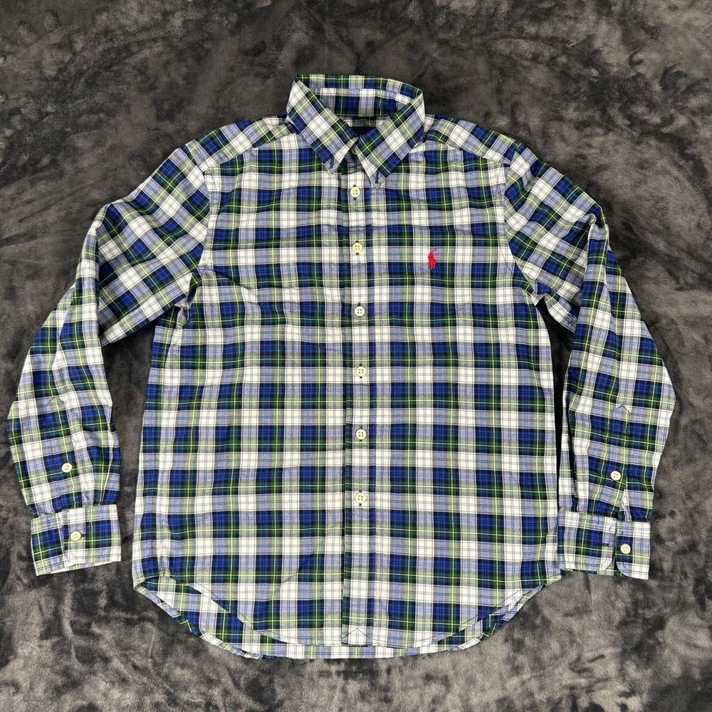 Ralph Lauren Button Down Shirt Kids M 10-12 Blue Green Plaid Natural Stretch